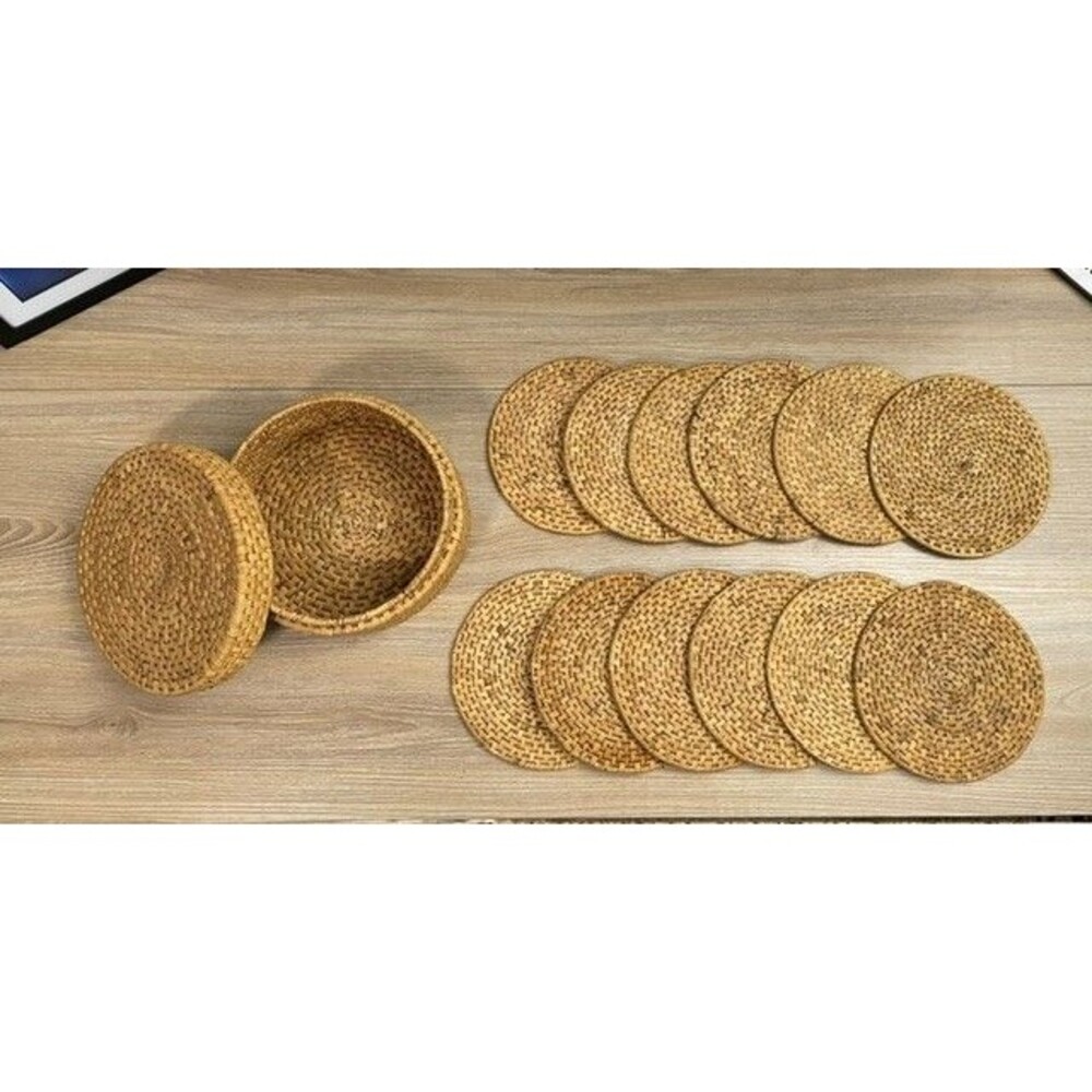Natural Handwoven Rattan Lidded Storage Basket Trivet/Coaster (12) 7 in Diameter